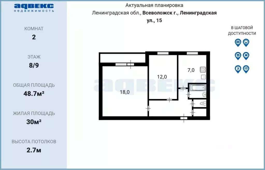 2-к кв. Ленинградская область, Всеволожск Ленинградская ул., 15к2 ... - Фото 2