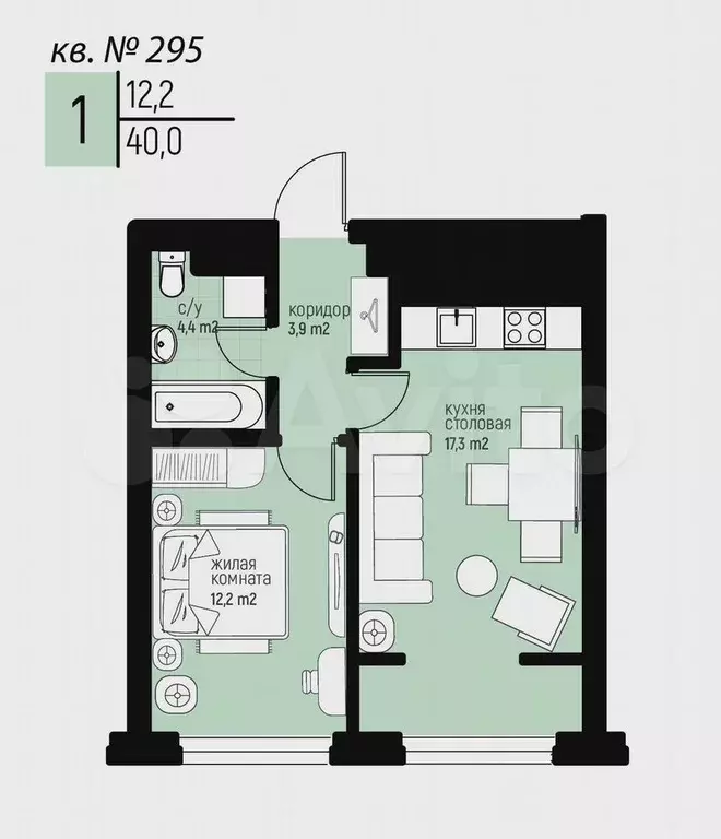 1-к. квартира, 40 м, 6/20 эт. - Фото 0