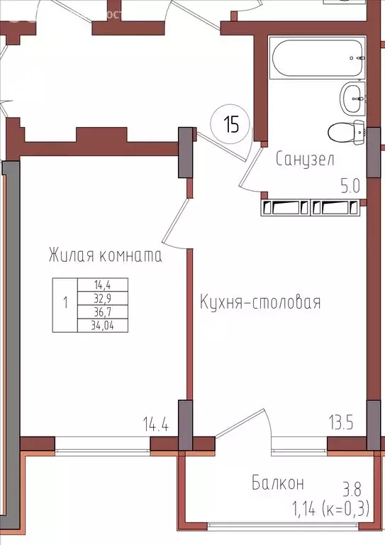 1-комнатная квартира: Калининград, Центральный район (34.04 м) - Фото 0