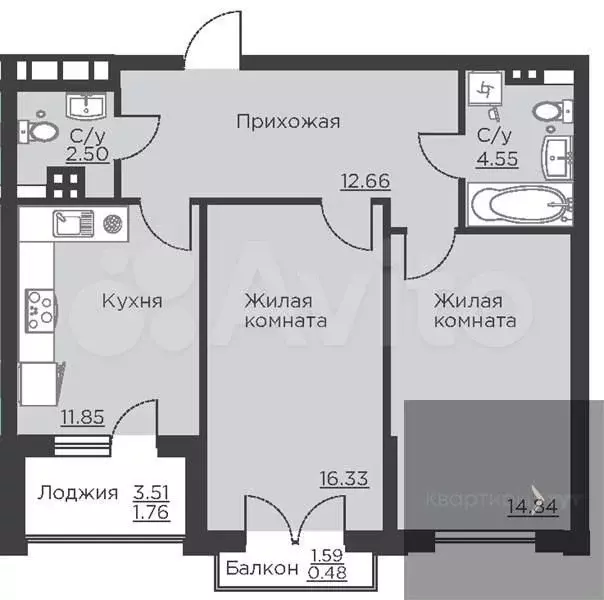2-к. квартира, 65 м, 4/18 эт. - Фото 0