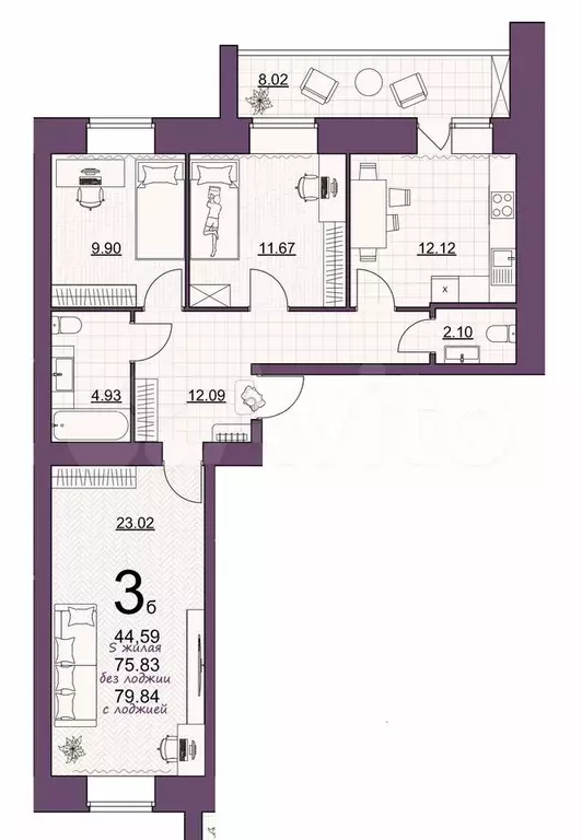 3-к. квартира, 79,8 м, 5/14 эт. - Фото 0