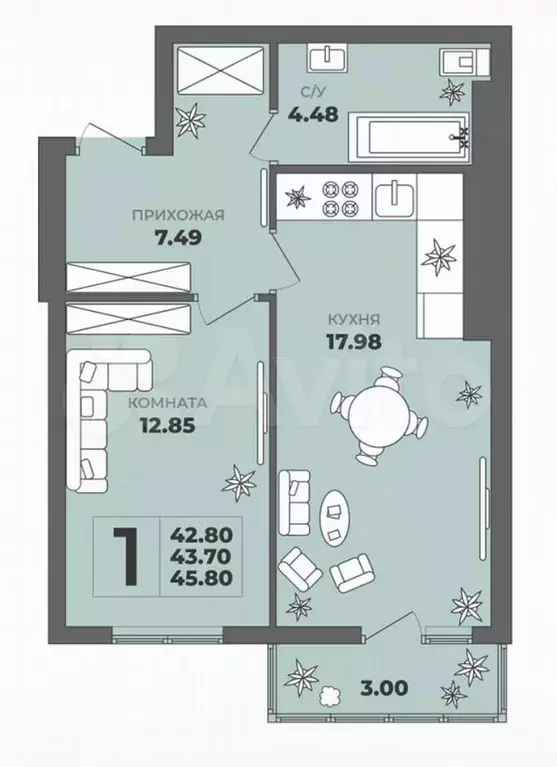 1-к. квартира, 43,7 м, 2/8 эт. - Фото 1