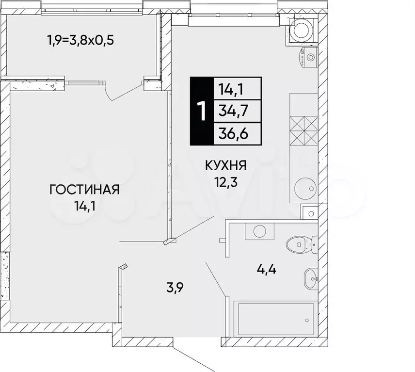 1-к. квартира, 36,6м, 2/24эт. - Фото 0