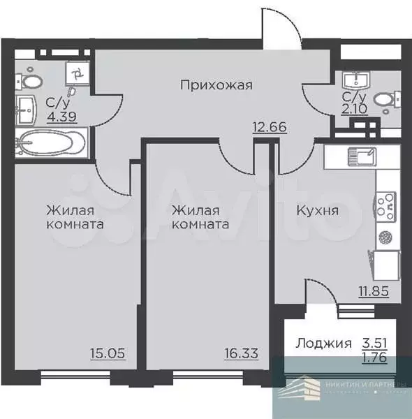 2-к. квартира, 64,1 м, 10/18 эт. - Фото 0