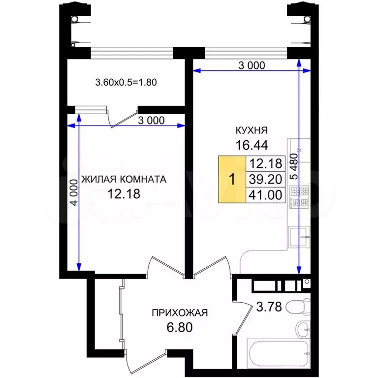 1-к. квартира, 41 м, 8/8 эт. - Фото 1