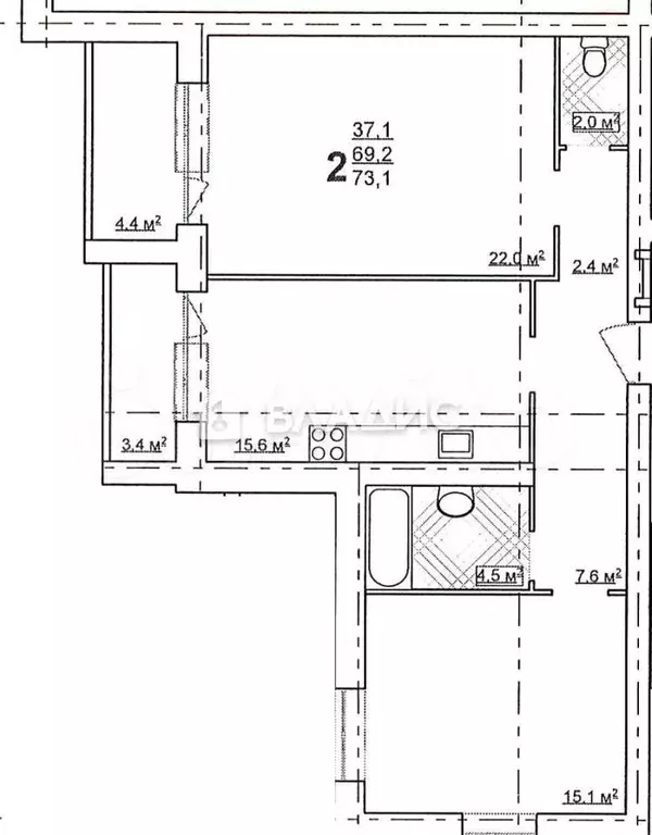 2-к. квартира, 73,1 м, 2/5 эт. - Фото 0