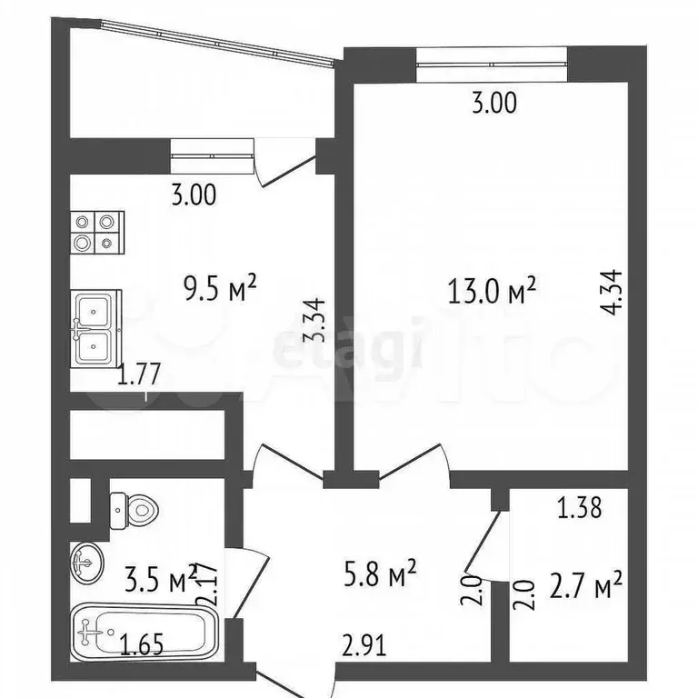 1-к. квартира, 33,5 м, 6/9 эт. - Фото 0