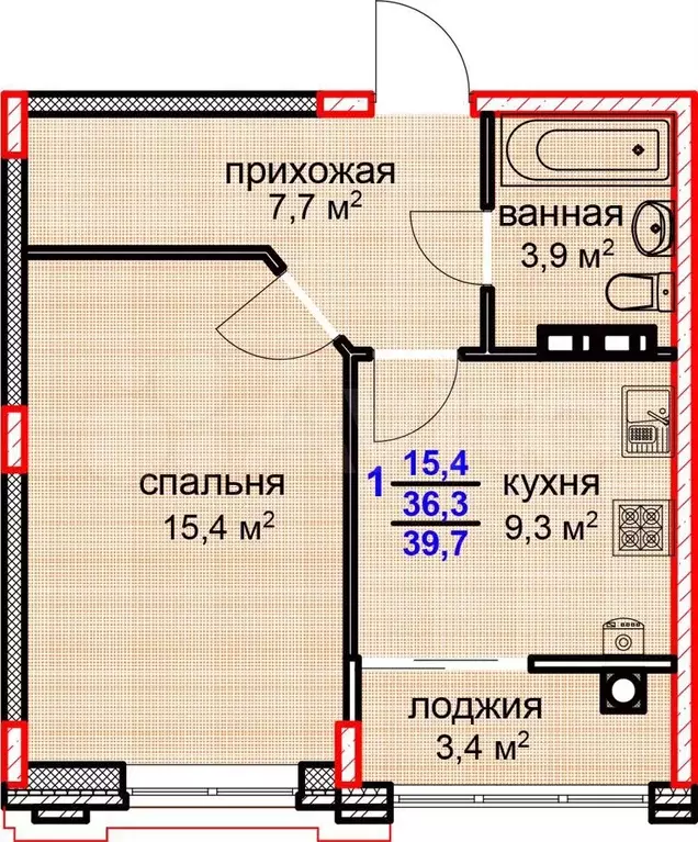 1-к. квартира, 39,7м, 3/10эт. - Фото 1