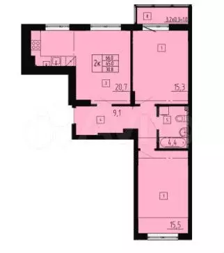 3-к. квартира, 66 м, 3/8 эт. - Фото 1