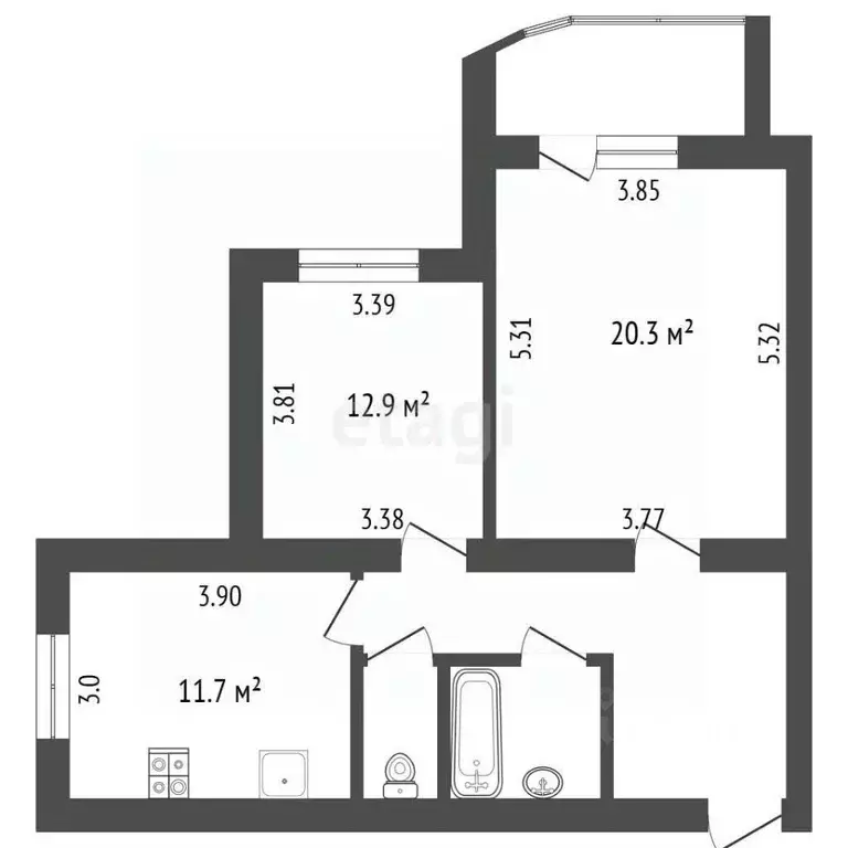 2-к кв. Белгородская область, Белгород ул. Есенина, 32а (62.2 м) - Фото 2