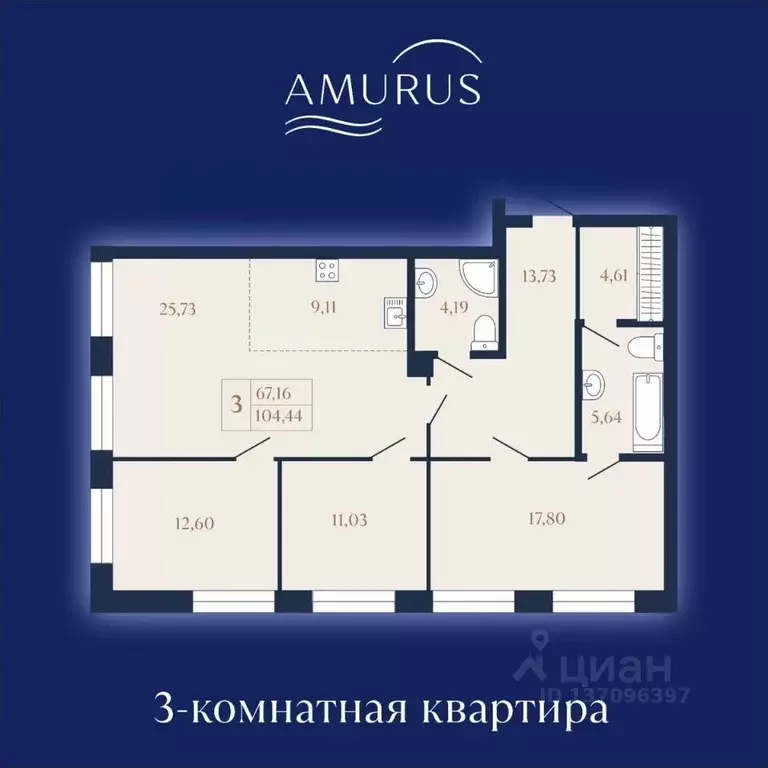 3-к кв. Хабаровский край, Хабаровск Кавказская ул. (104.44 м) - Фото 1