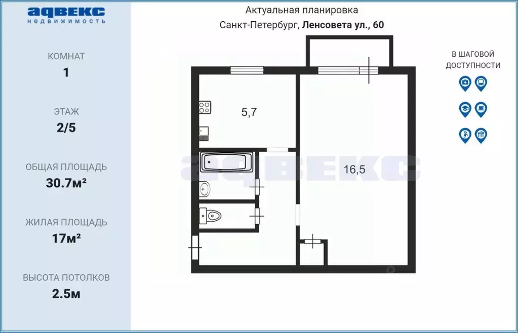 1-к кв. Санкт-Петербург ул. Ленсовета, 60 (30.7 м) - Фото 2