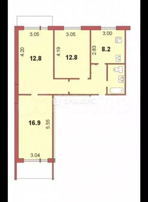 3-к. квартира, 59,7 м, 5/9 эт. - Фото 0