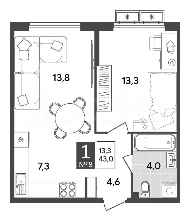 1-к. квартира, 43м, 3/9эт. - Фото 0