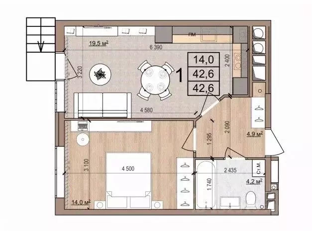 1-к кв. Рязанская область, Рязань Медицинская ул., 3 (42.6 м) - Фото 1