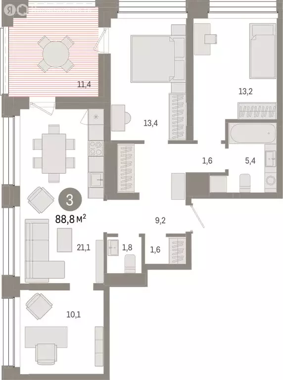 3-комнатная квартира: Тюмень, улица Муравленко, 9/2 (88.78 м) - Фото 1