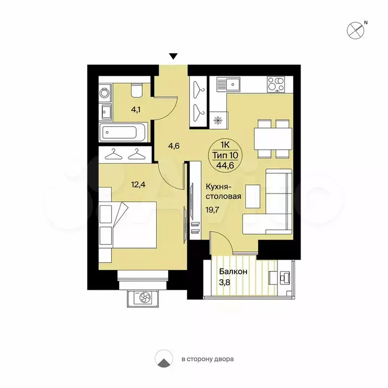 1-к. квартира, 44,6 м, 3/9 эт. - Фото 0