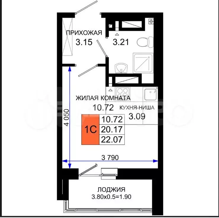 Квартира-студия, 22,1 м, 16/19 эт. - Фото 0