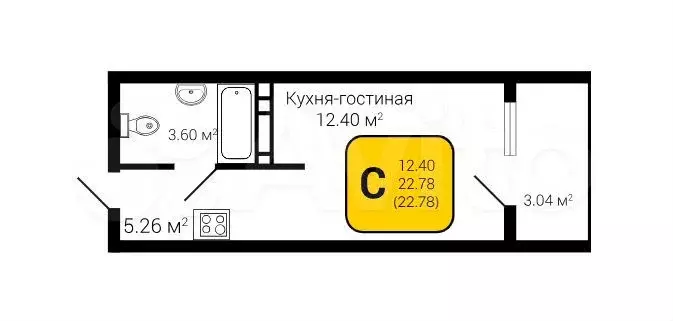 Квартира-студия, 22,8 м, 6/8 эт. - Фото 1
