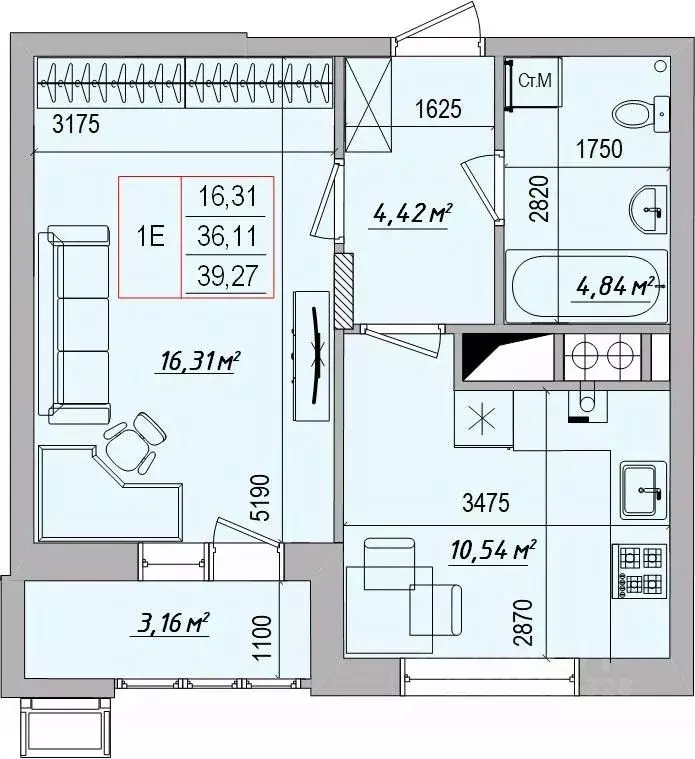 1-к кв. Белгородская область, Белгород ул. Большетроицкая, 34 (39.27 ... - Фото 1