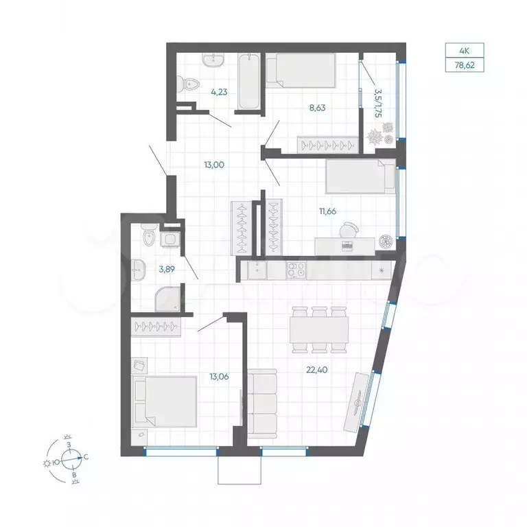 3-к. квартира, 78,6 м, 8/9 эт. - Фото 1