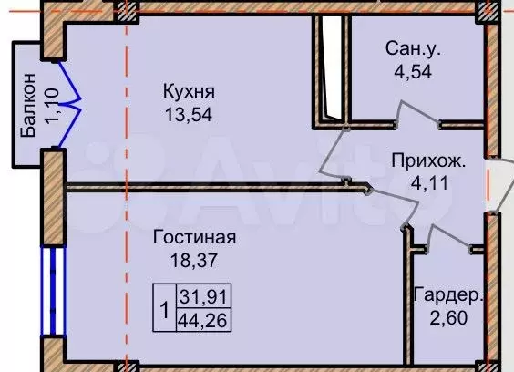 1-к. квартира, 44,1 м, 3/8 эт. - Фото 0