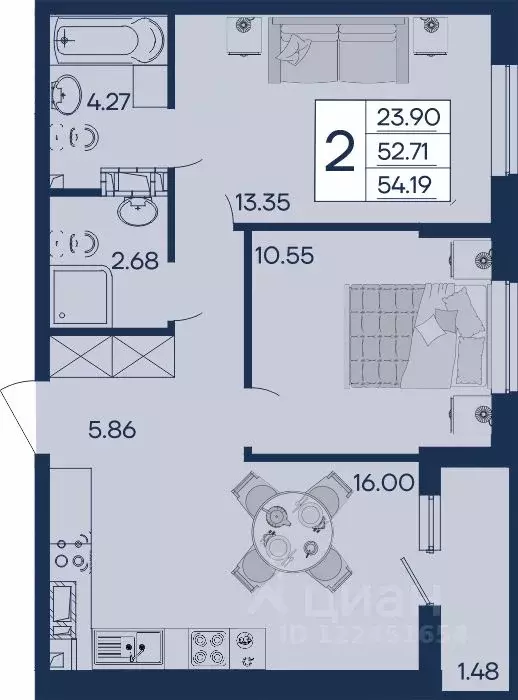 2-к кв. Краснодарский край, Краснодар  (54.19 м) - Фото 1