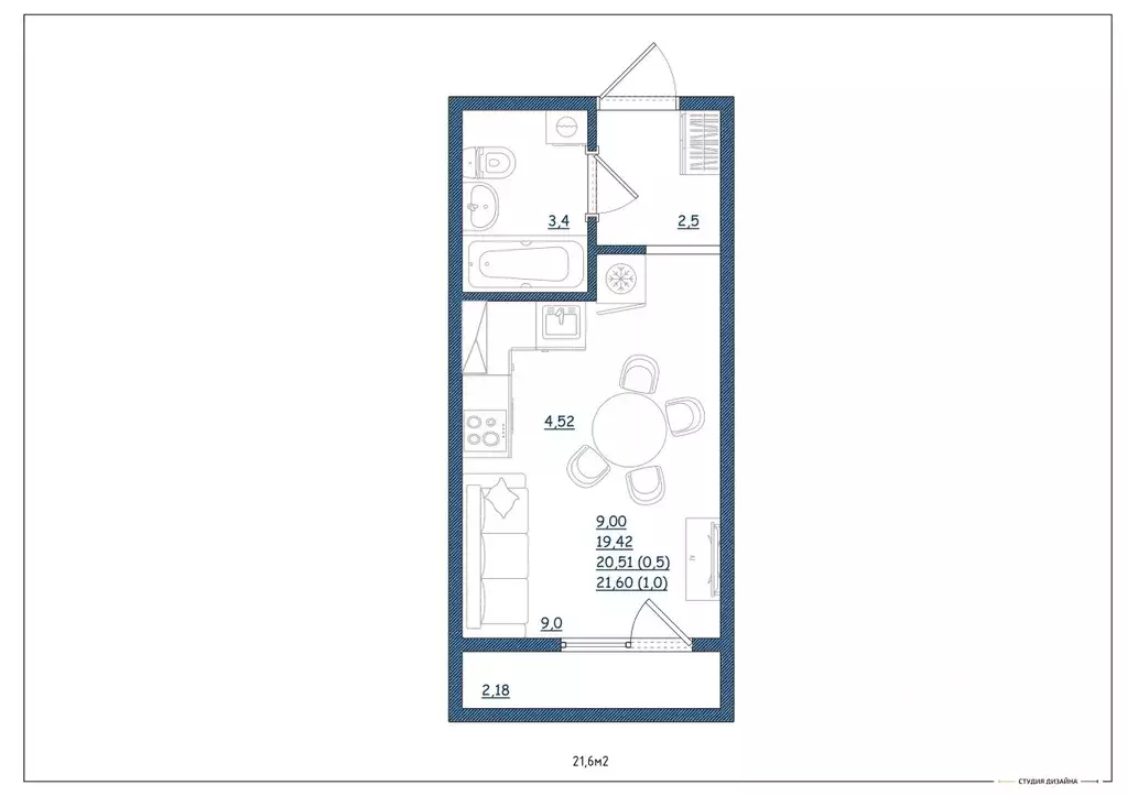 Студия Тверская область, Тверь Новочеркасская ул., 48 (21.6 м) - Фото 1