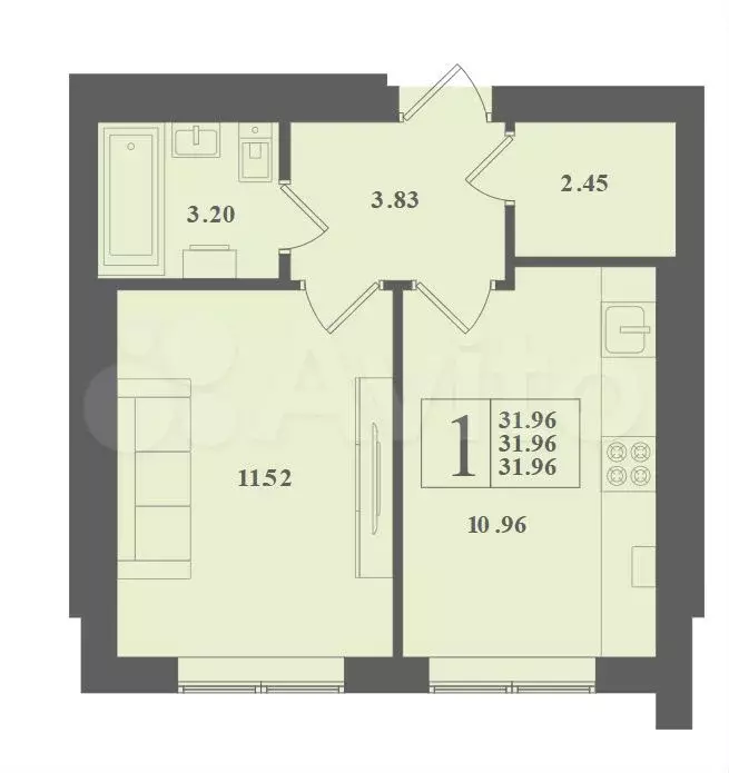 1-к. квартира, 32 м, 1/4 эт. - Фото 1