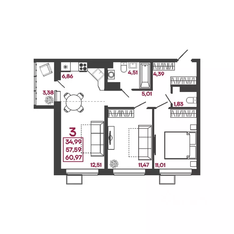 3-к кв. Пензенская область, Пенза ул. Измайлова, 41Б (60.97 м) - Фото 1