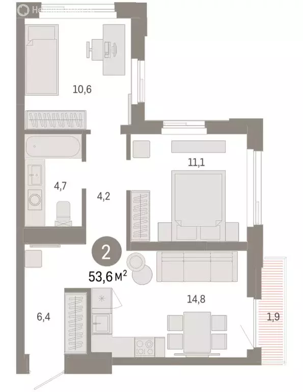 2-комнатная квартира: Тюмень, жилой комплекс Зарека (53.61 м) - Фото 1