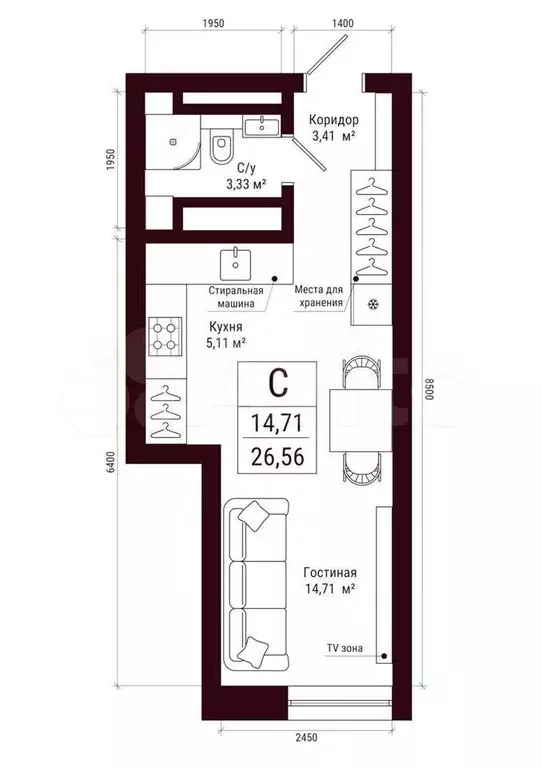 Апартаменты-студия, 26,6 м, 8/34 эт. - Фото 0