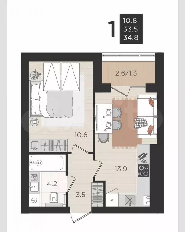 1-к. квартира, 33,5 м, 4/4 эт. - Фото 1