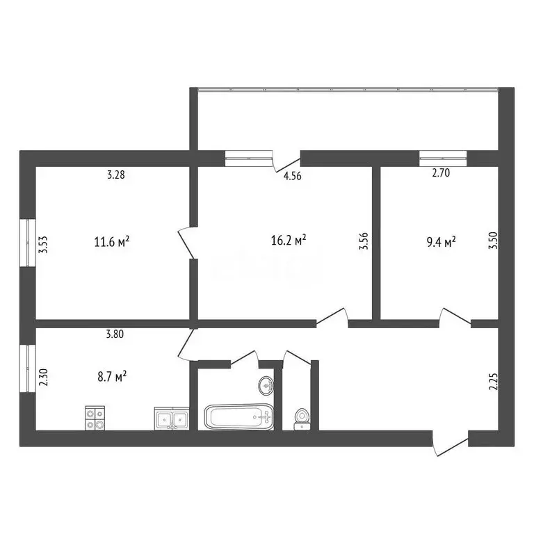 3-комнатная квартира: Тюмень, улица Малыгина, 58 (65.3 м) - Фото 1
