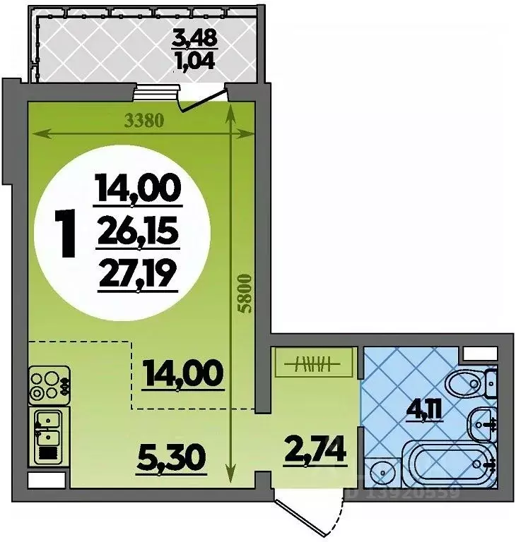 Студия Адыгея, Майкоп  (27.19 м) - Фото 1