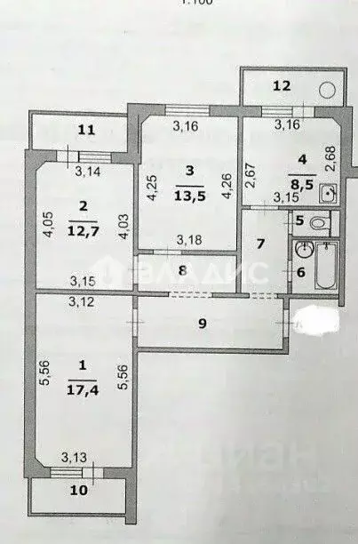 3-к кв. Белгородская область, Белгород ул. Есенина, 50 (71.6 м) - Фото 2