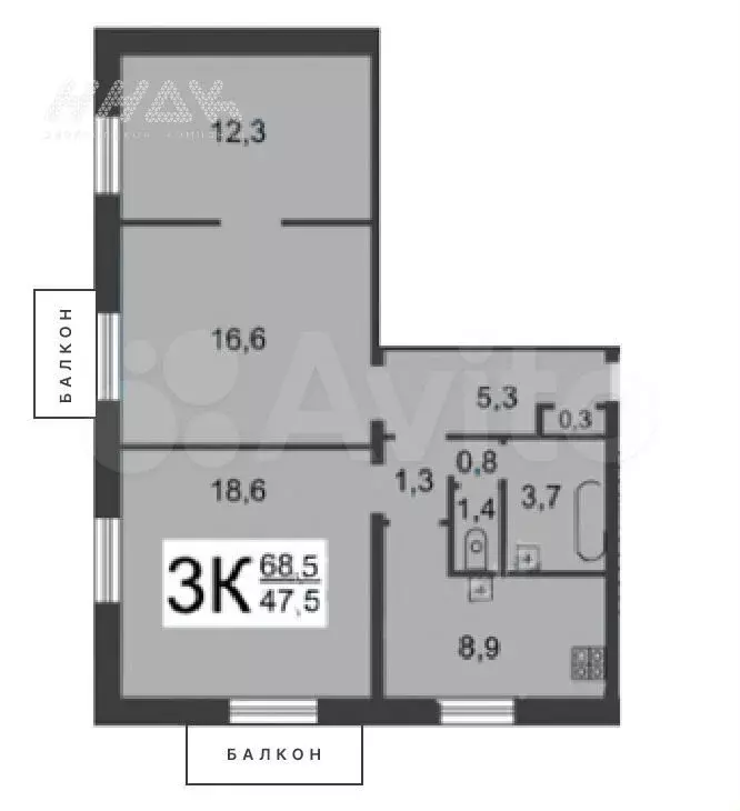 3-к. квартира, 68,5 м, 4/4 эт. - Фото 0