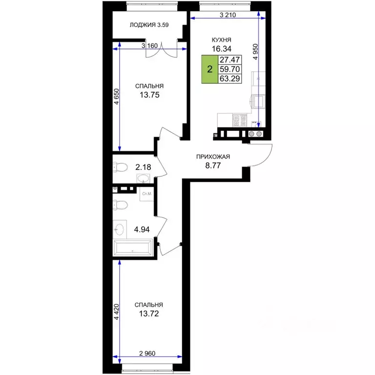 2-к кв. Калининградская область, Гурьевск Включи жилой комплекс (63.29 ... - Фото 0