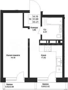 2-к. квартира, 33,2м, 4/10эт. - Фото 1