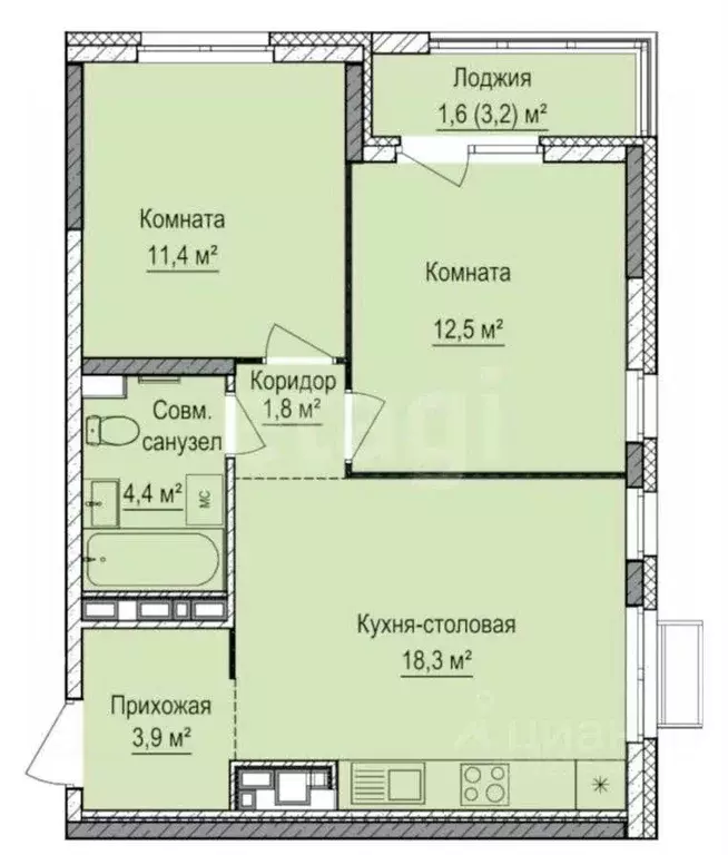 2-к кв. Удмуртия, Ижевск ул. Цветочная, 8 (53.9 м) - Фото 1