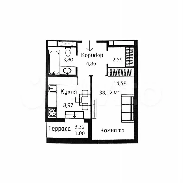 1-к. квартира, 38,1 м, 7/8 эт. - Фото 0