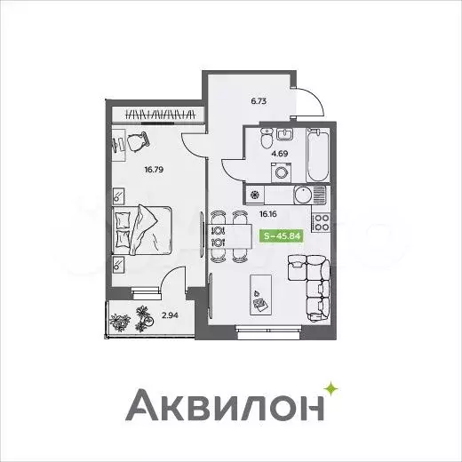 1-к. квартира, 45,8м, 1/5эт. - Фото 1