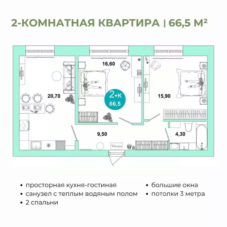 2-к кв. Оренбургская область, Оренбург Ростоши Премьер мкр,  (66.5 м) - Фото 0