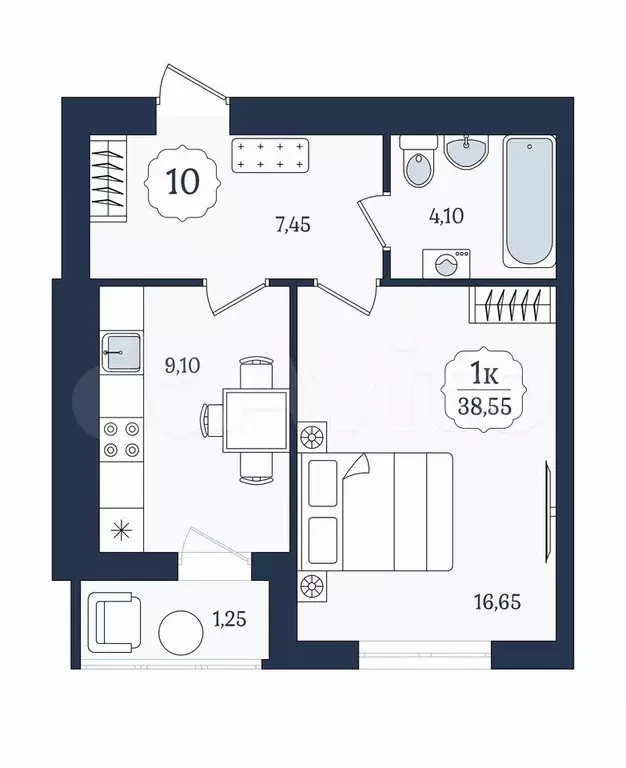 1-к. квартира, 38,6 м, 3/9 эт. - Фото 1