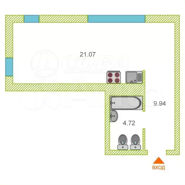 Квартира-студия, 35,8 м, 4/9 эт. - Фото 1