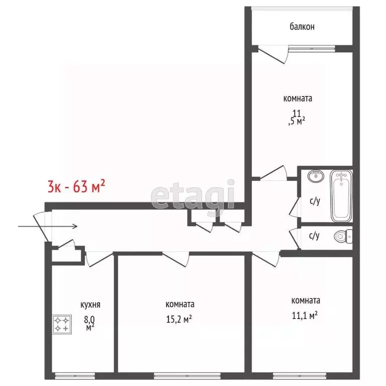 3-к кв. Свердловская область, Екатеринбург ул. Техническая, 26 (63.2 ... - Фото 2