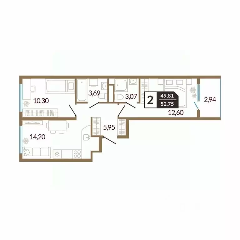 2-к кв. Тюменская область, Тюменский район, д. Дударева  (52.79 м) - Фото 0