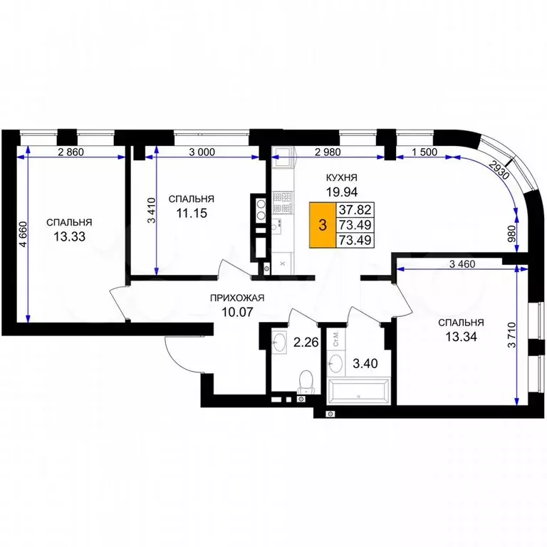 3-к. квартира, 73,5 м, 3/7 эт. - Фото 1