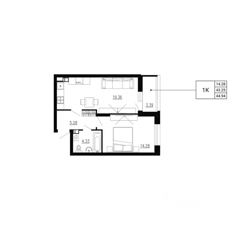 1-к кв. Орловская область, Орел Ломоносов жилой комплекс (44.94 м) - Фото 2