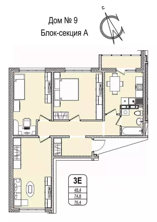 3-к кв. Кемеровская область, Кемерово 55-й мкр, 9 (76.4 м) - Фото 0